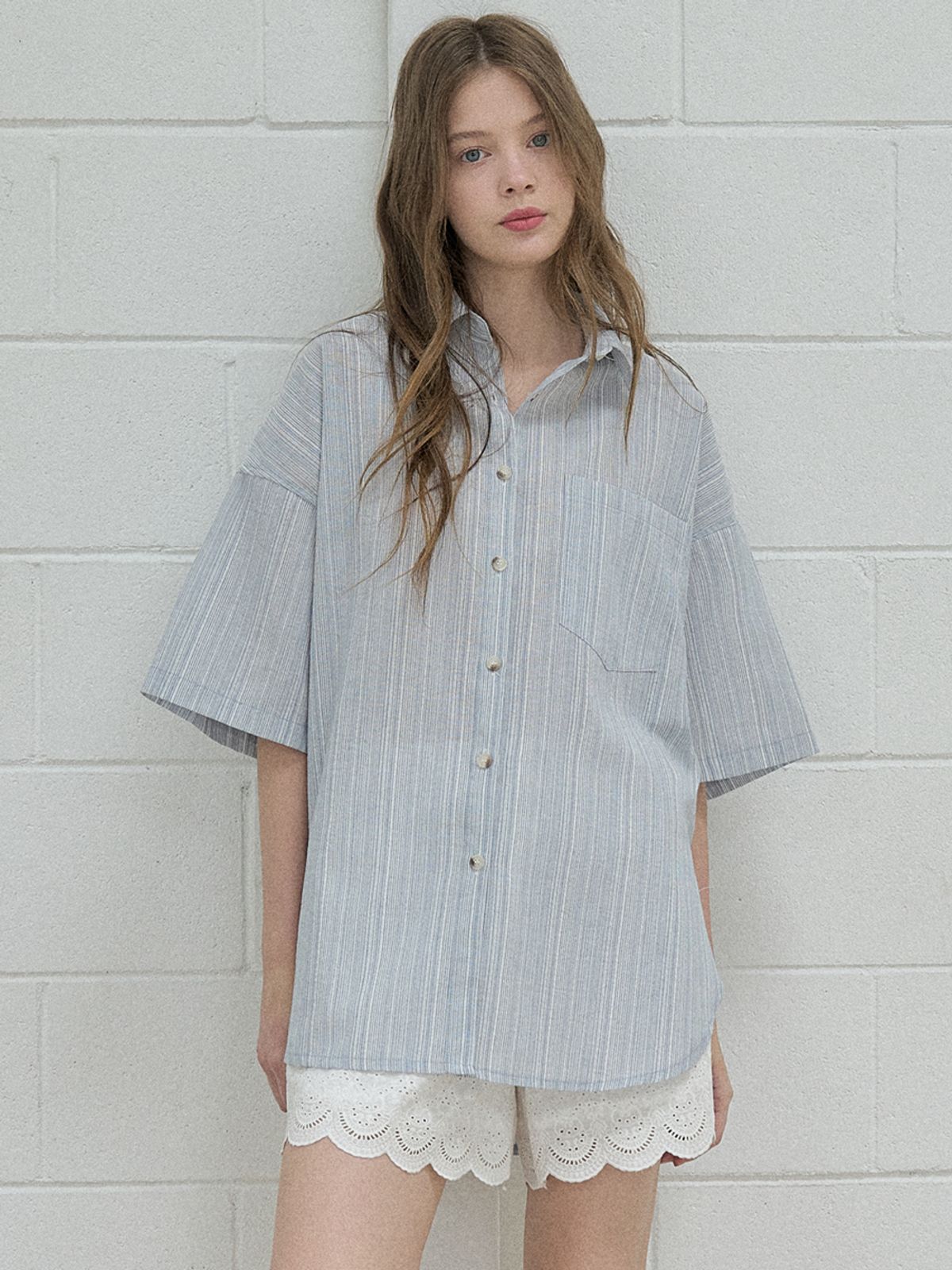 아방(AVANT-G) Cotton Short Sleeve Striped Shirt - BLUE