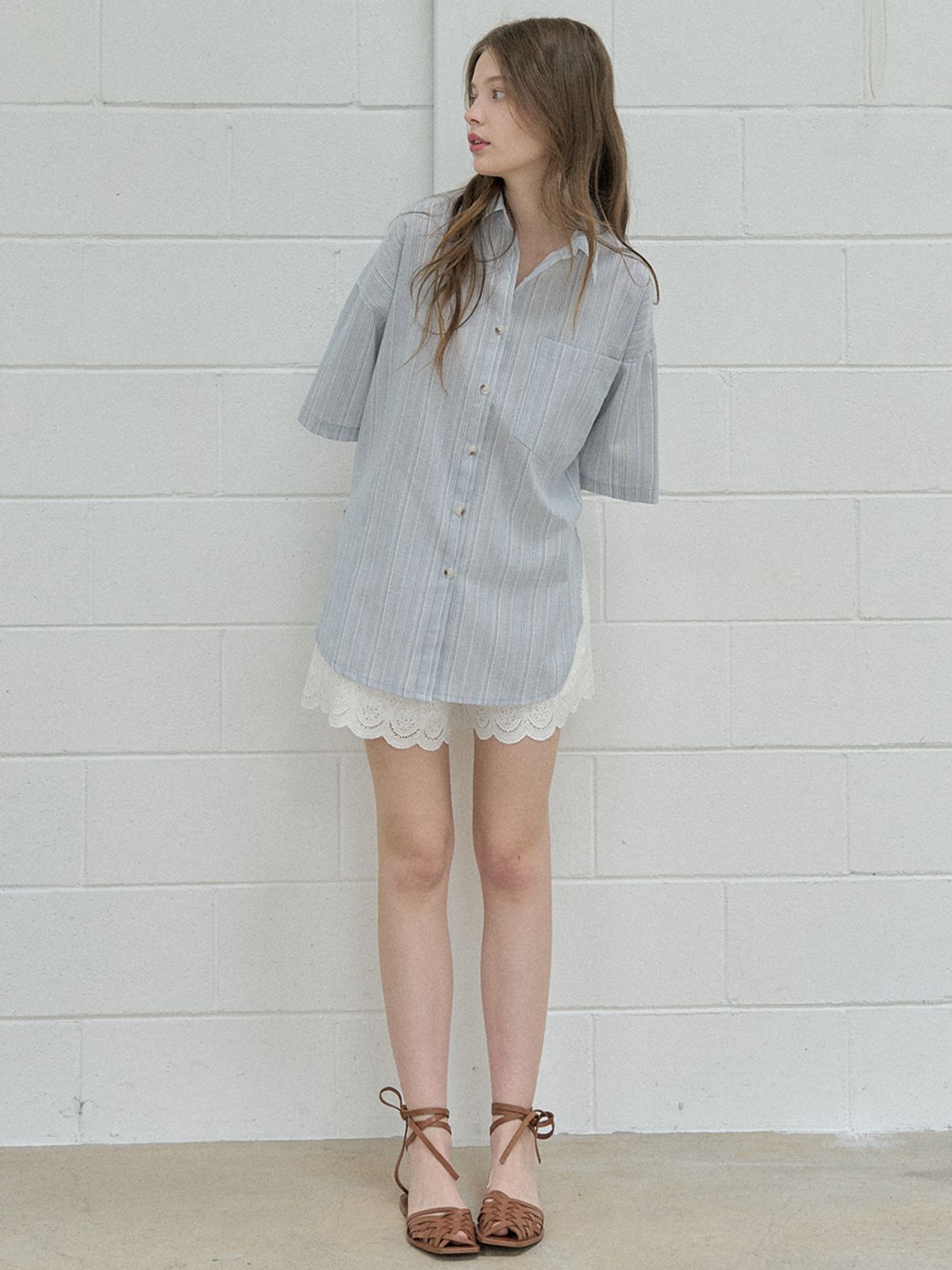 아방(AVANT-G) Cotton Short Sleeve Striped Shirt - BLUE