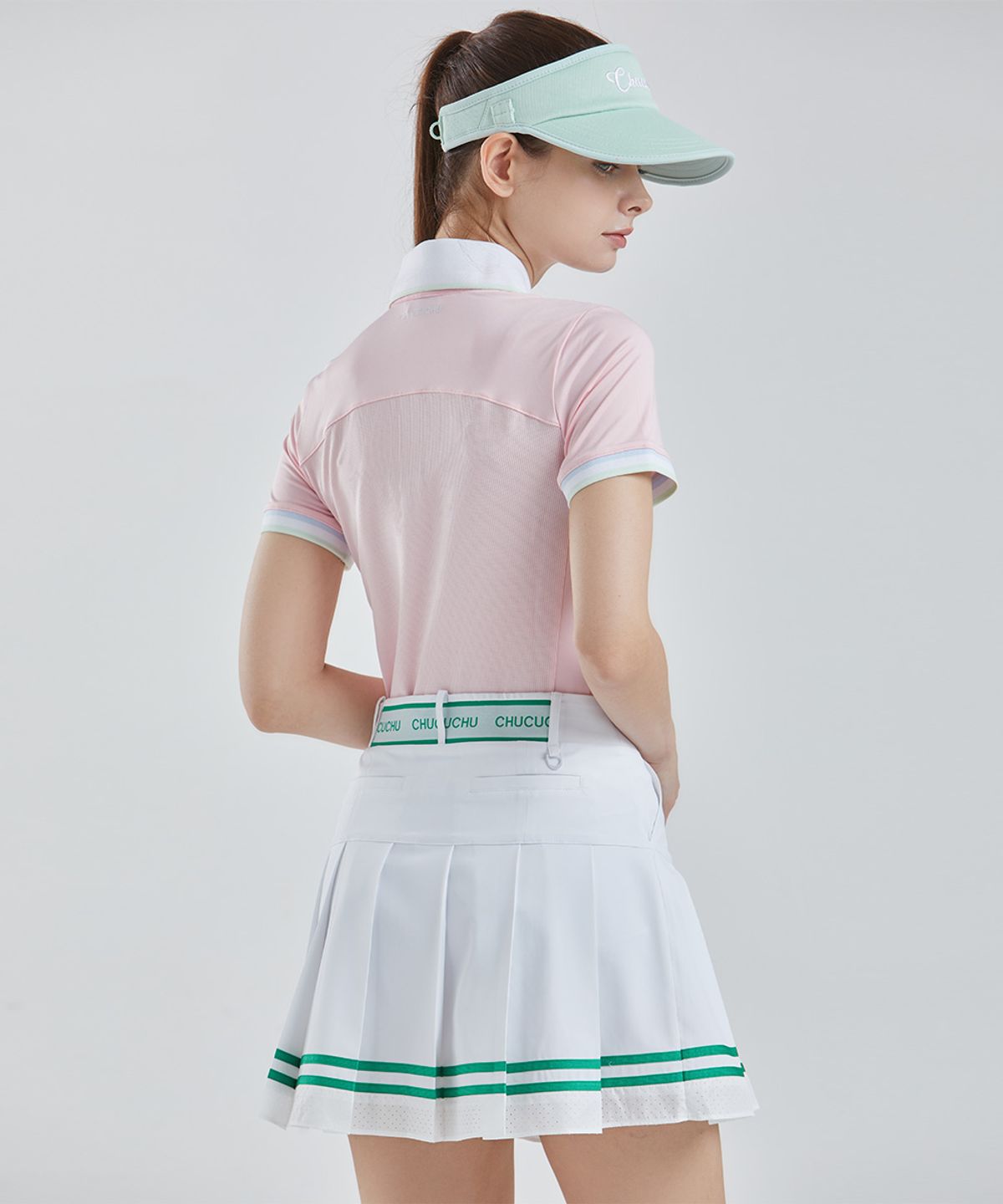 츄쿠츄(CHUCUCHU) 라인 백 메쉬 카라 숏 슬리브 탑 (PINK) CBFSS-TS006W