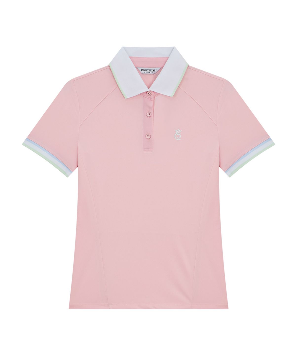 츄쿠츄(CHUCUCHU) 라인 백 메쉬 카라 숏 슬리브 탑 (PINK) CBFSS-TS006W