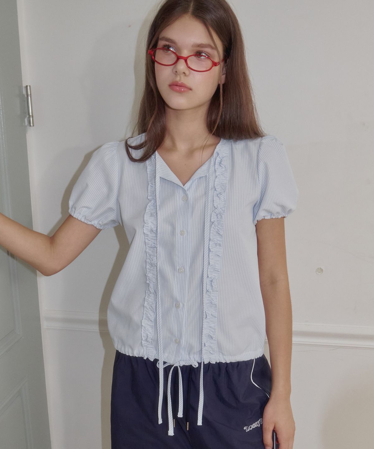 로시로우(LOSSYROW) Stripe Ruffle Blouse Sky Blue