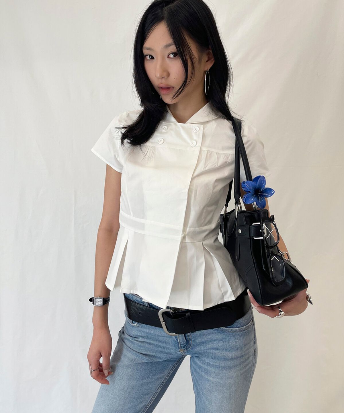 디망쉬(DIMANCHE) Double Button Blouse (white)