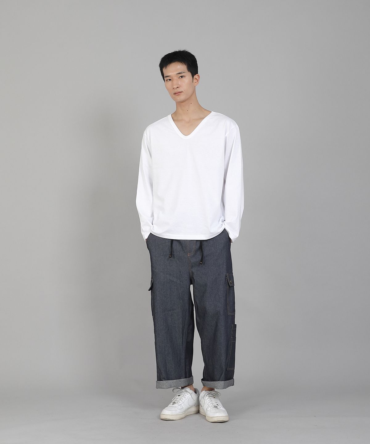 세인트크루(SAINTCREW) 무지 V넥 16s코튼 긴팔티셔츠 PSC-887 화이트
