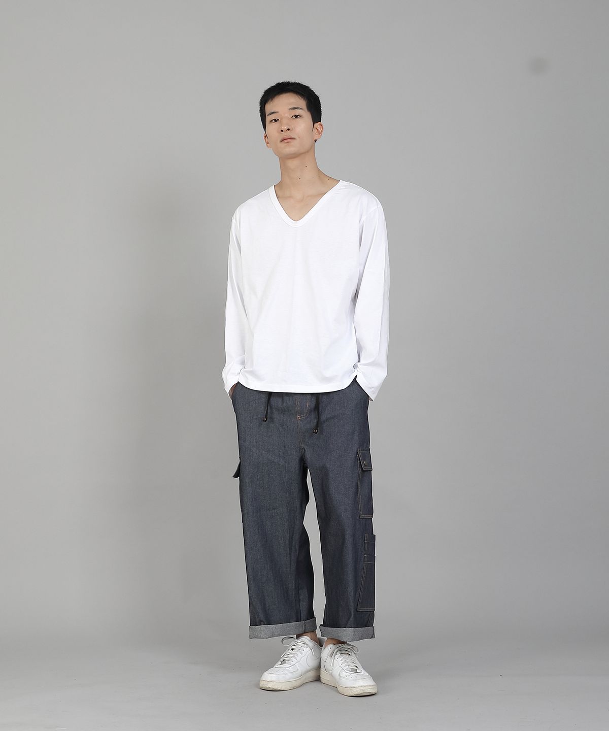 세인트크루(SAINTCREW) 무지 V넥 16s코튼 긴팔티셔츠 PSC-887 화이트