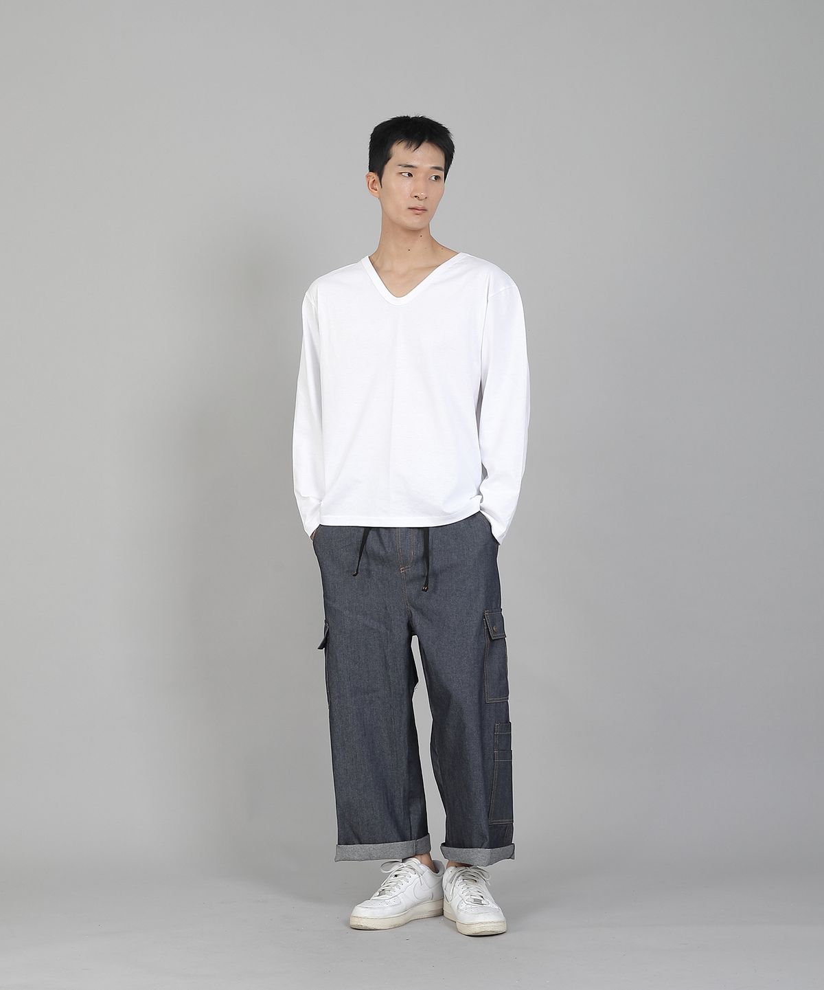 세인트크루(SAINTCREW) 무지 V넥 16s코튼 긴팔티셔츠 PSC-887 화이트
