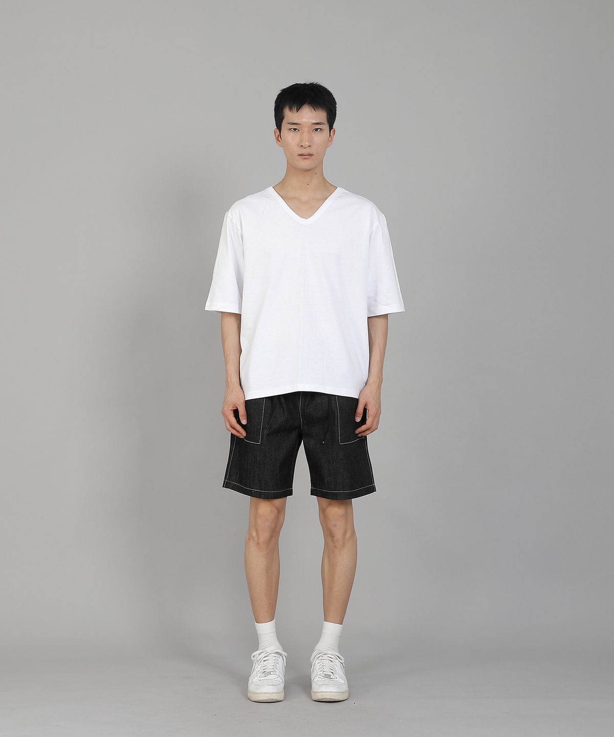 세인트크루(SAINTCREW) 무지 V넥 5부 반팔티셔츠 VHR-895 화이트