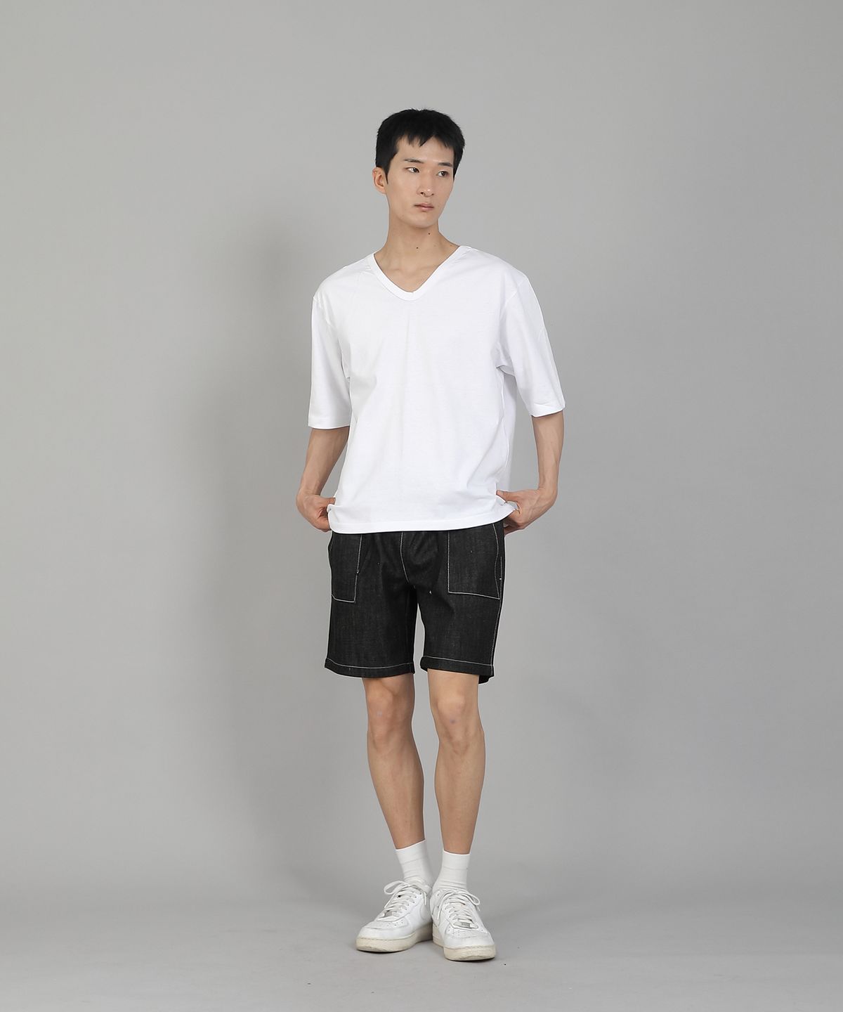 세인트크루(SAINTCREW) 무지 V넥 5부 반팔티셔츠 VHR-895 화이트