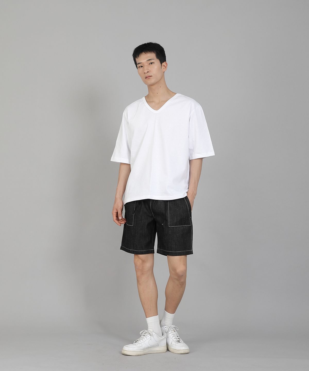 세인트크루(SAINTCREW) 무지 V넥 5부 반팔티셔츠 VHR-895 화이트