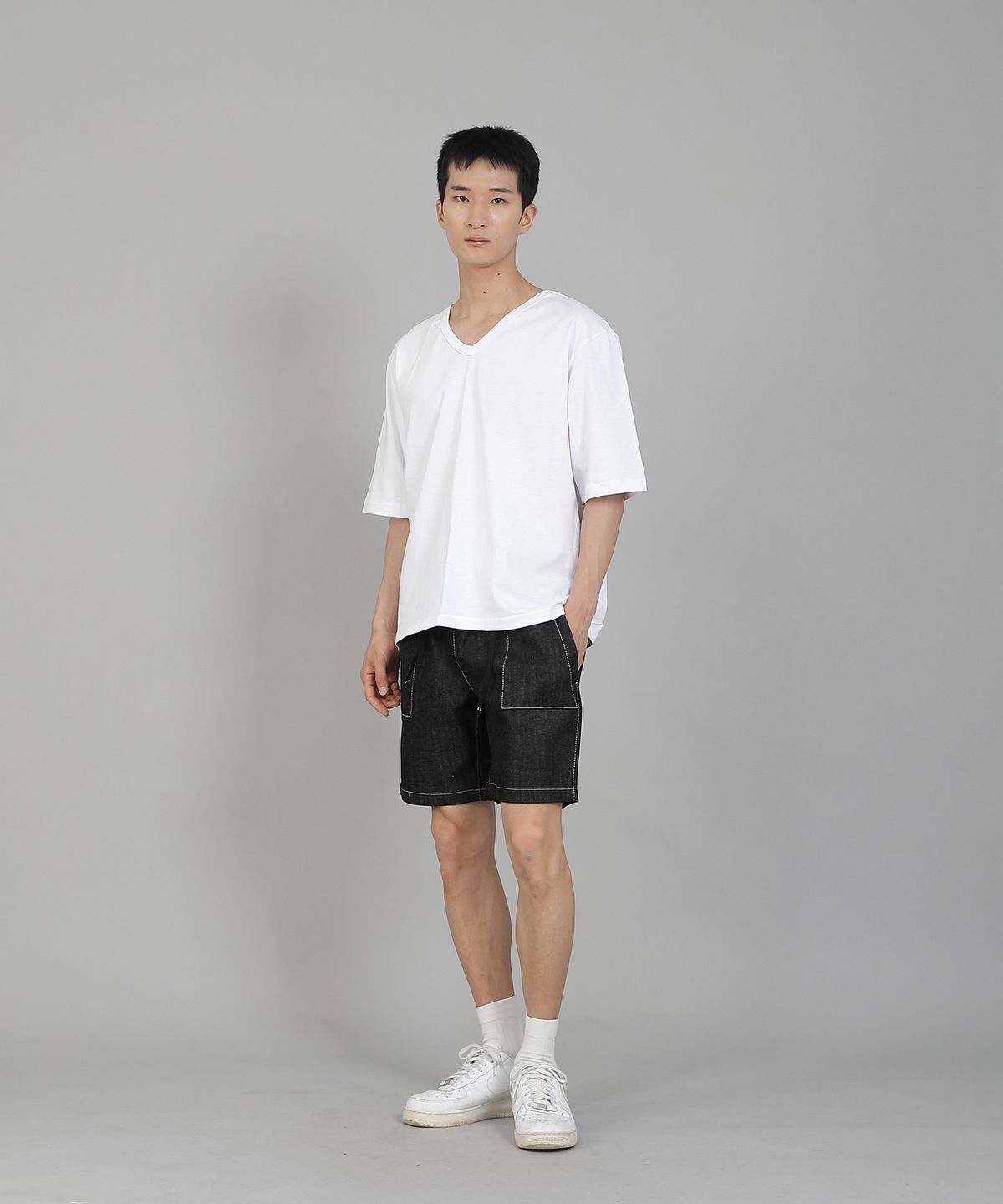 세인트크루(SAINTCREW) 무지 V넥 5부 반팔티셔츠 VHR-895 화이트