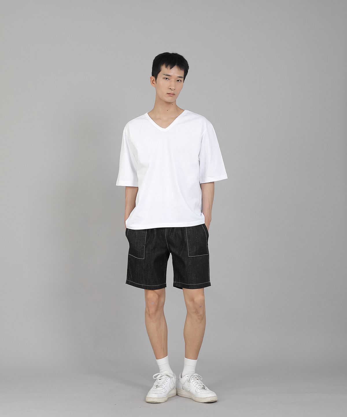 세인트크루(SAINTCREW) 무지 V넥 5부 반팔티셔츠 VHR-895 화이트