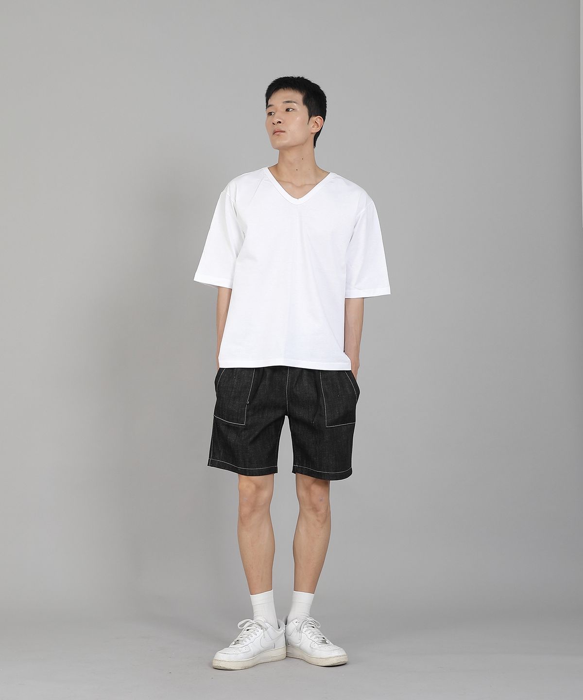 세인트크루(SAINTCREW) 무지 V넥 5부 반팔티셔츠 VHR-895 화이트