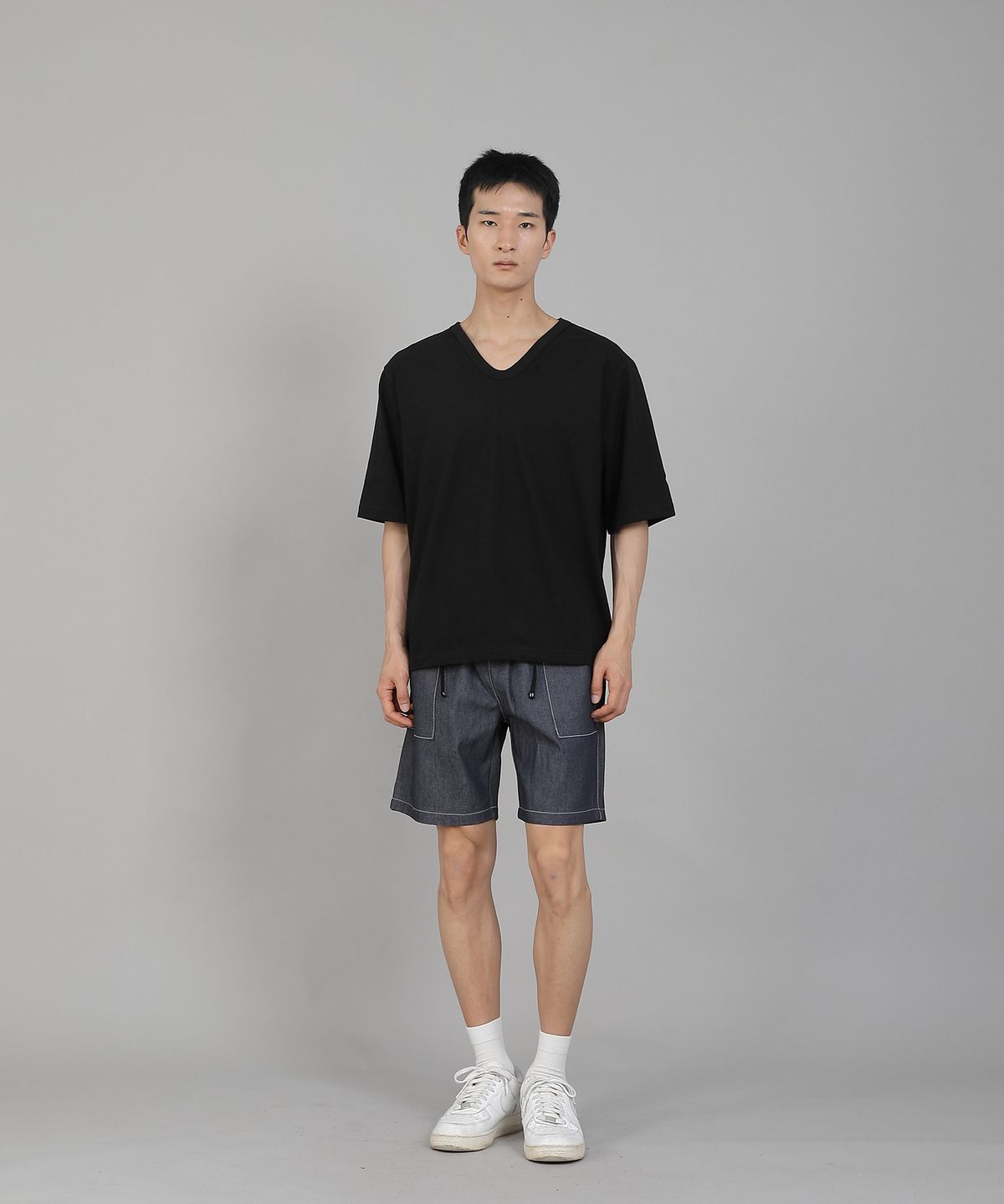 세인트크루(SAINTCREW) 무지 V넥 5부 반팔티셔츠 VHR-895 블랙