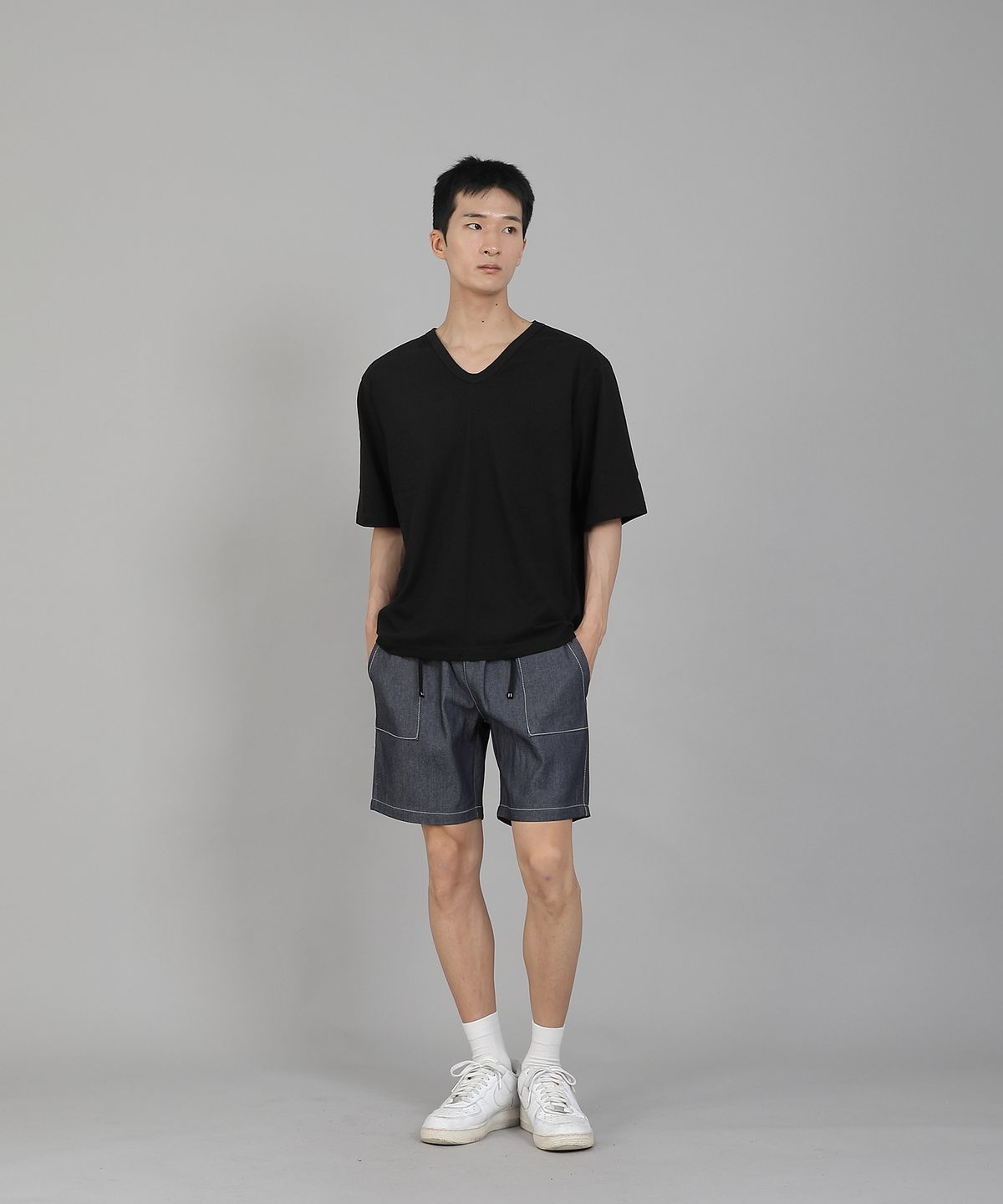 세인트크루(SAINTCREW) 무지 V넥 5부 반팔티셔츠 VHR-895 블랙