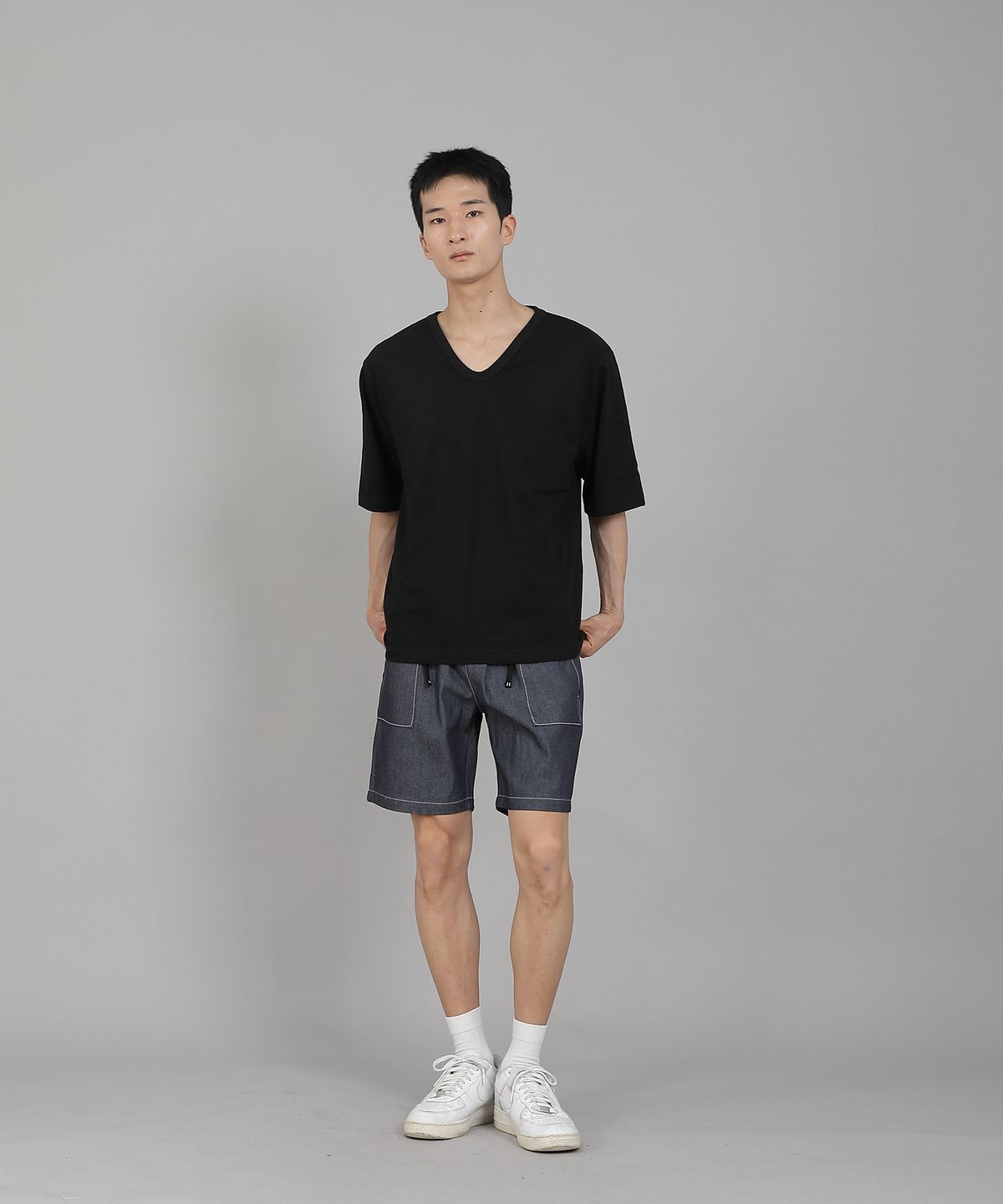 세인트크루(SAINTCREW) 무지 V넥 5부 반팔티셔츠 VHR-895 블랙