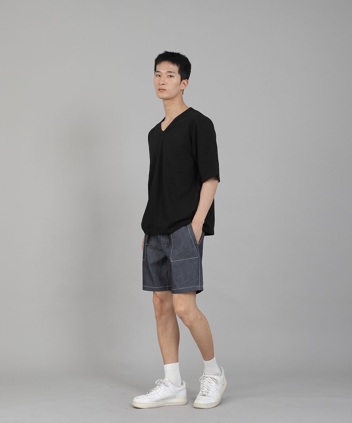 세인트크루(SAINTCREW) 무지 V넥 5부 반팔티셔츠 VHR-895 블랙