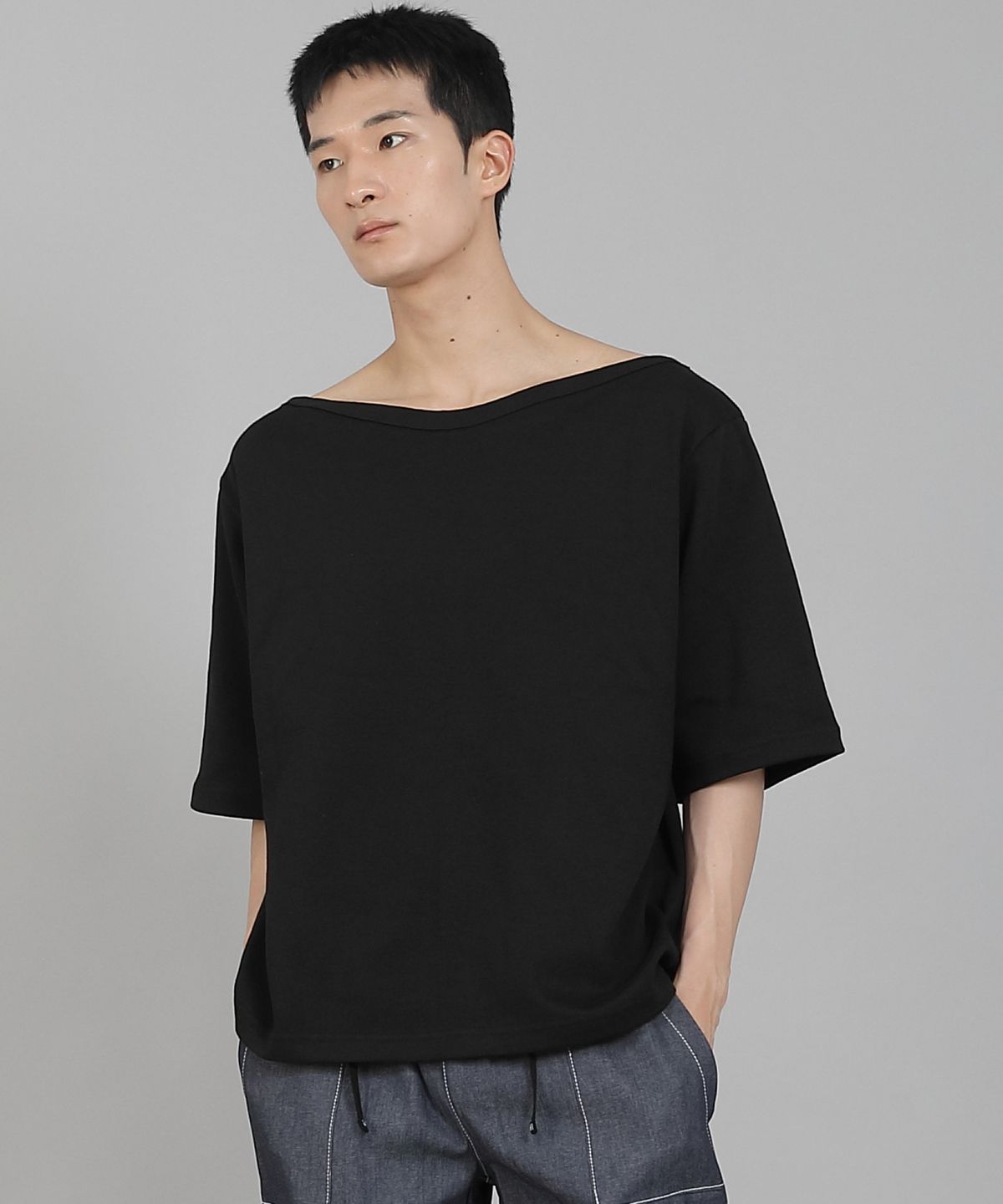 세인트크루(SAINTCREW) 무지 보트넥 5부 반팔티셔츠 BHR-898 블랙