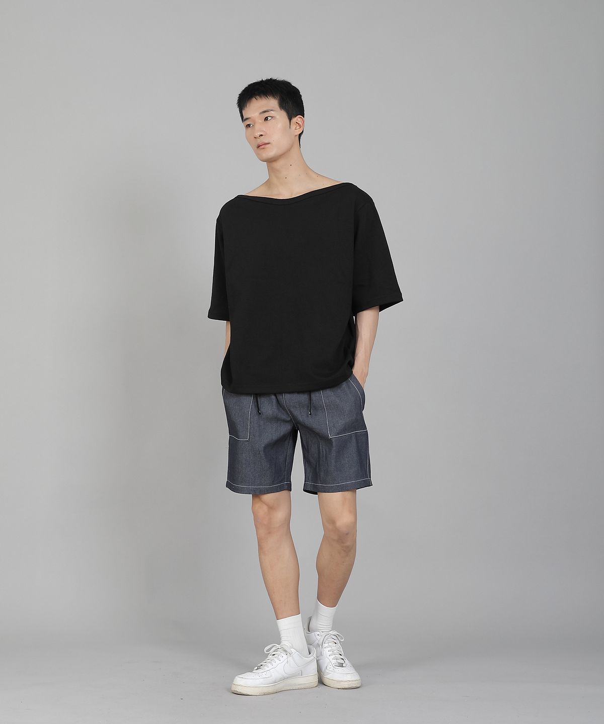 세인트크루(SAINTCREW) 무지 보트넥 5부 반팔티셔츠 BHR-898 블랙
