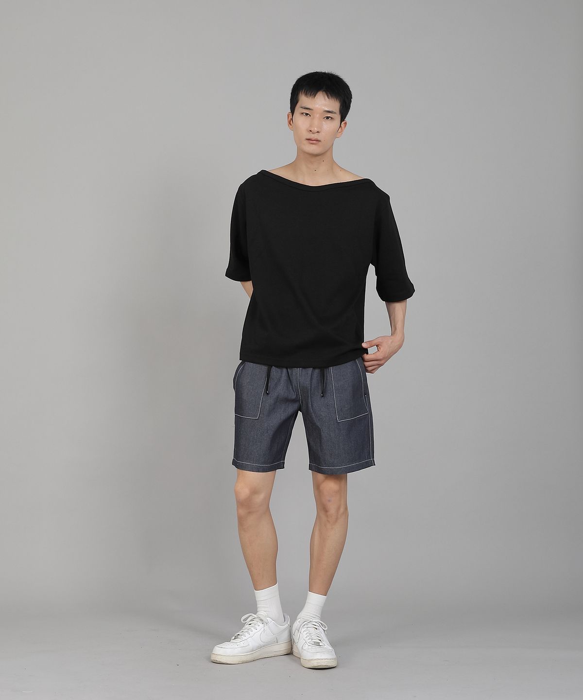 세인트크루(SAINTCREW) 무지 보트넥 5부 반팔티셔츠 BHR-898 블랙
