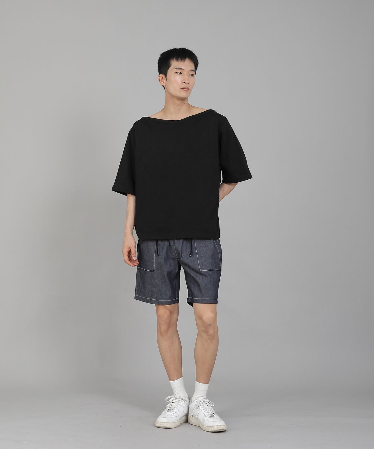 세인트크루(SAINTCREW) 무지 보트넥 5부 반팔티셔츠 BHR-898 블랙