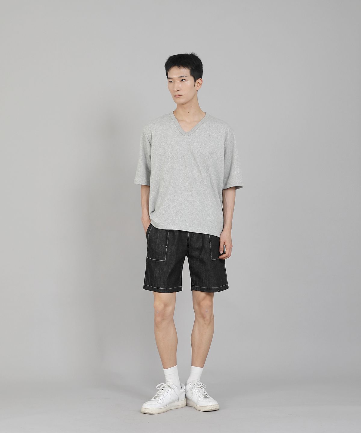 세인트크루(SAINTCREW) 무지 V넥 5부 반팔티셔츠 VHR-895 그레이