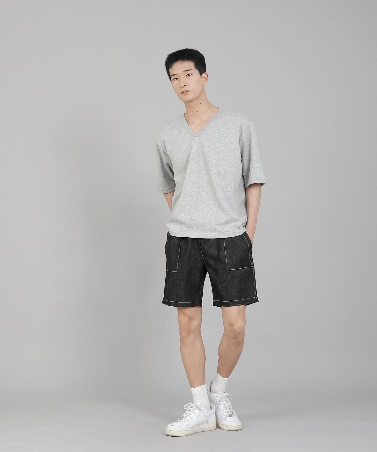 세인트크루(SAINTCREW) 무지 V넥 5부 반팔티셔츠 VHR-895 그레이