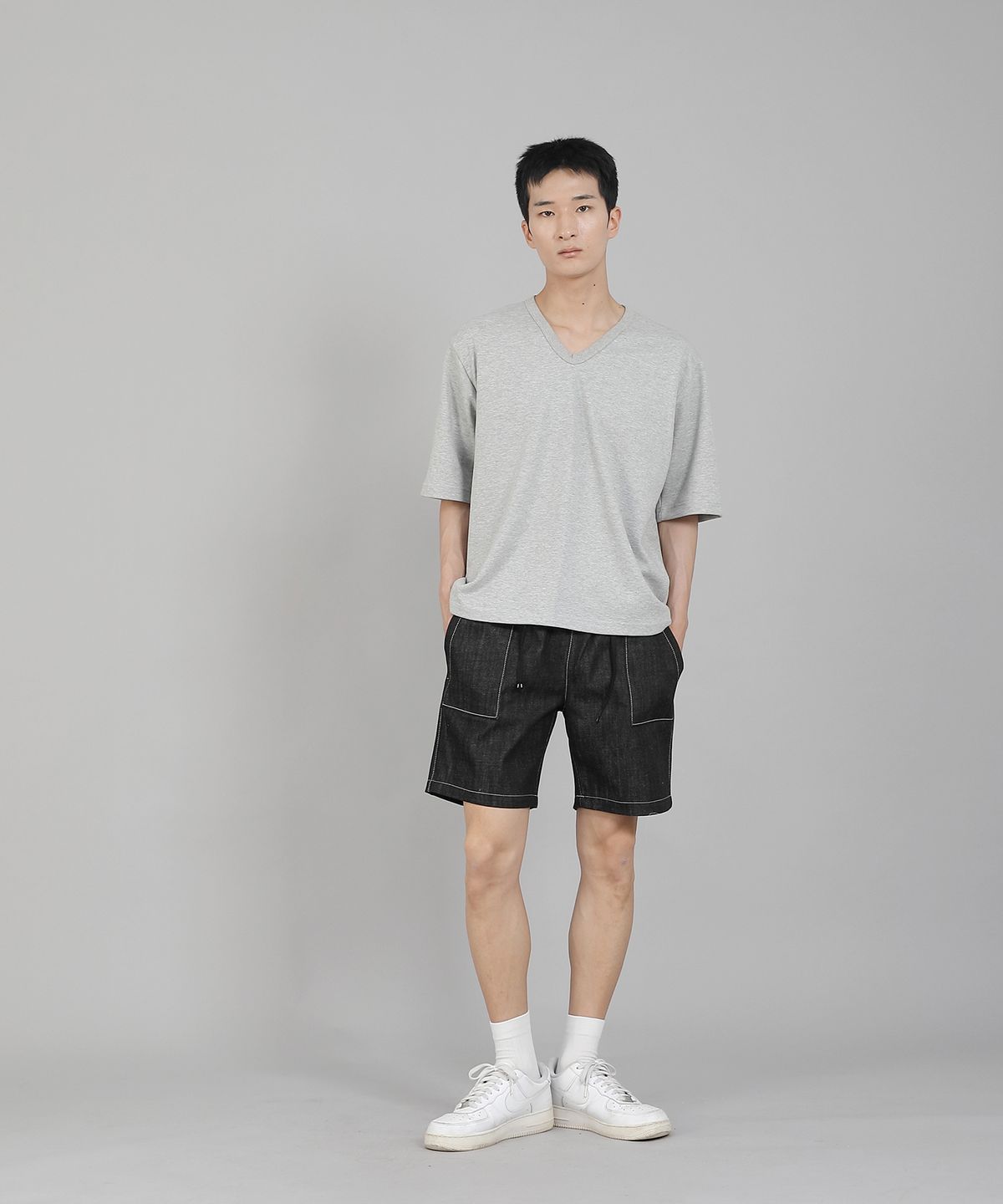 세인트크루(SAINTCREW) 무지 V넥 5부 반팔티셔츠 VHR-895 그레이