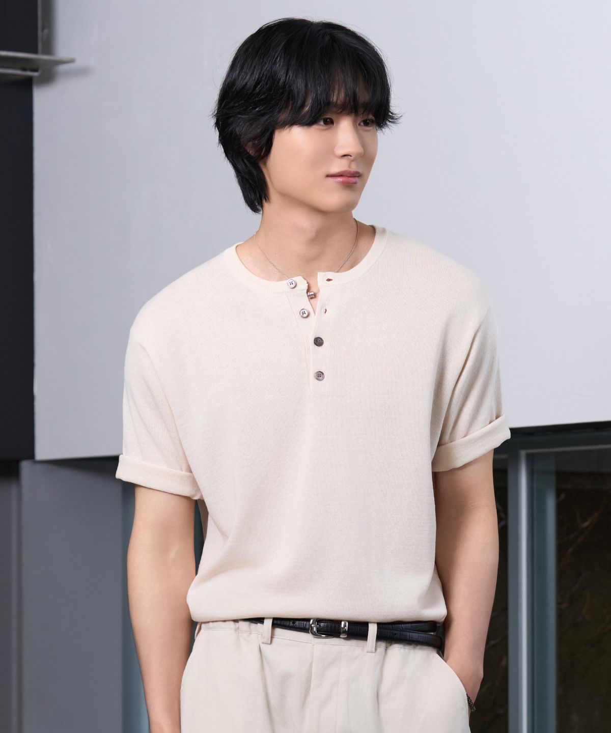 효지(HYOJI) 26 SS 워셔블 린넨 헨리넥 크롭 니트 (6컬러)