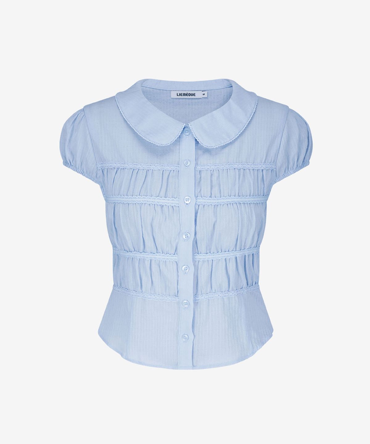 리메크(LIEMÉQUE) 라운드 카라 퍼프 셔링 블라우스 블루