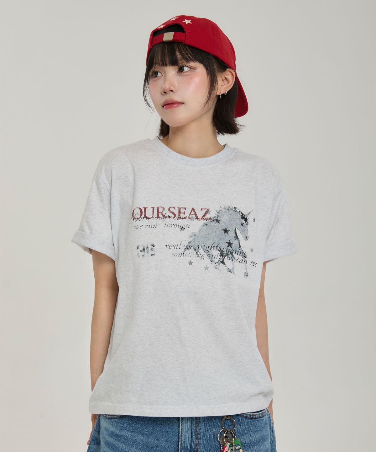 아워시즈(OURSEAZ) 유니콘 스머지 그래픽 티셔츠 - 화이트멜란지