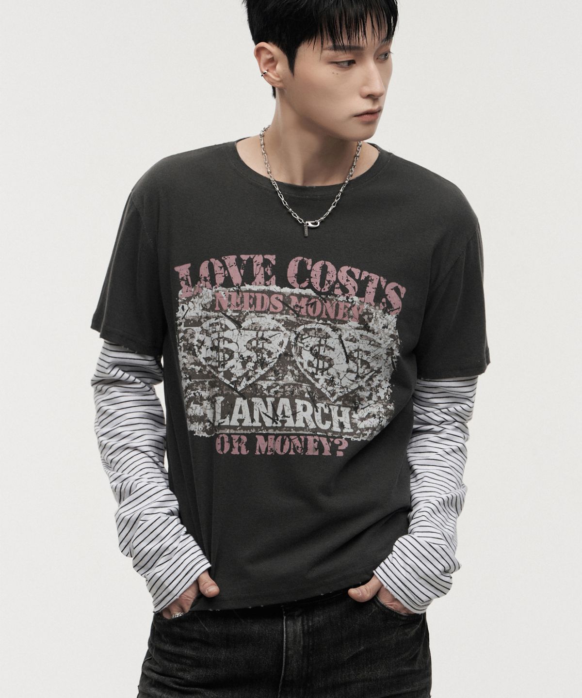 랜 아카이브(LANARCHIVE) [0150] 피그먼트 프린팅 레이어드 롱슬리브 - 차콜