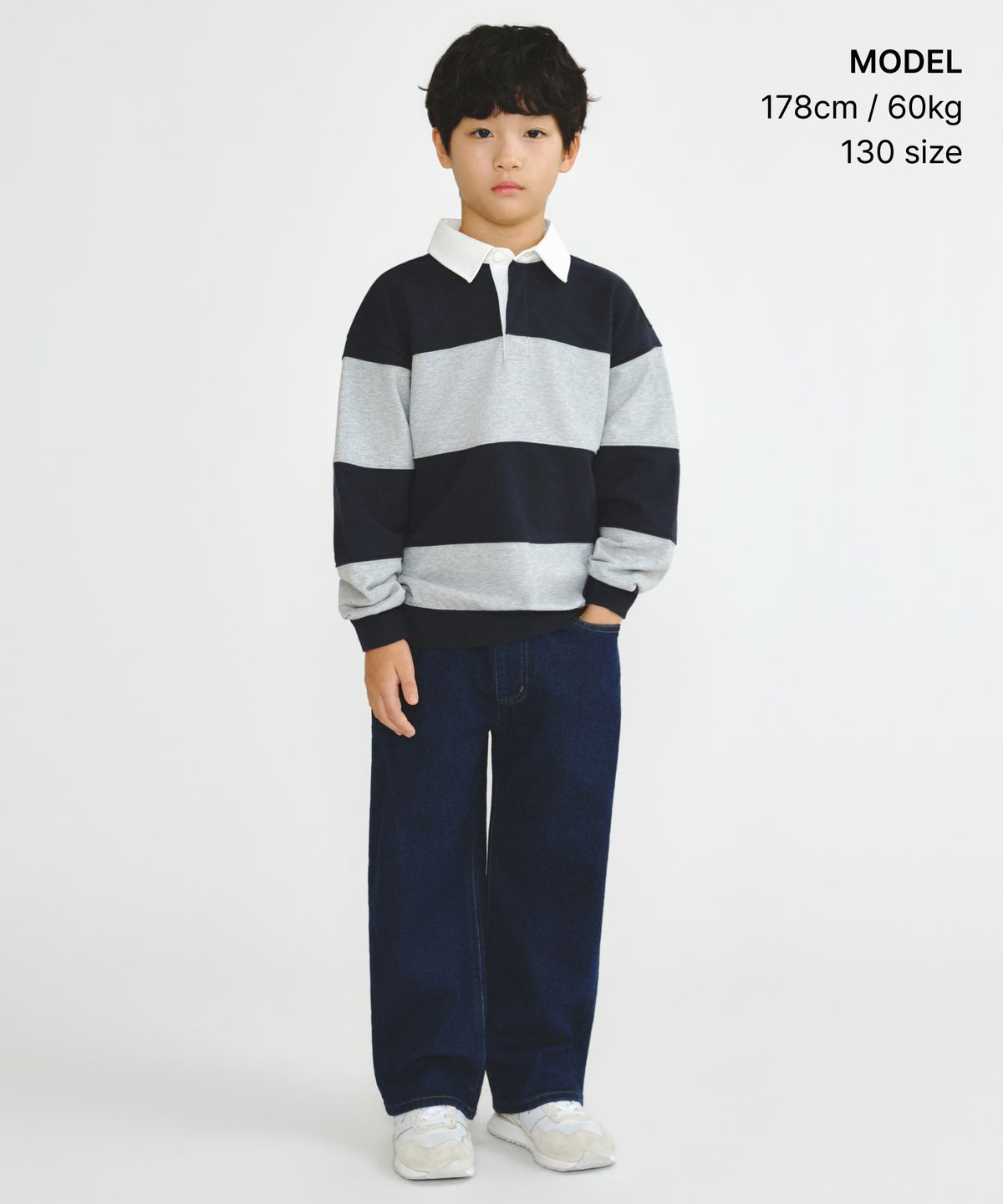 무신사 스탠다드 키즈(MUSINSA STANDARD KIDS) 오버사이즈 스트라이프 럭비 스웨트셔츠 [네이비/미디엄 그레이]