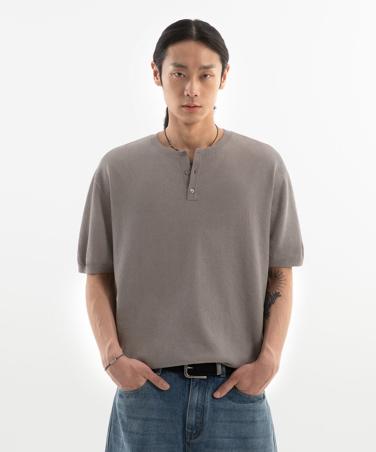 브렌슨(BRENSON) 워셔블 헨리넥 크롭 반팔 쿨 니트 ( 5Color )