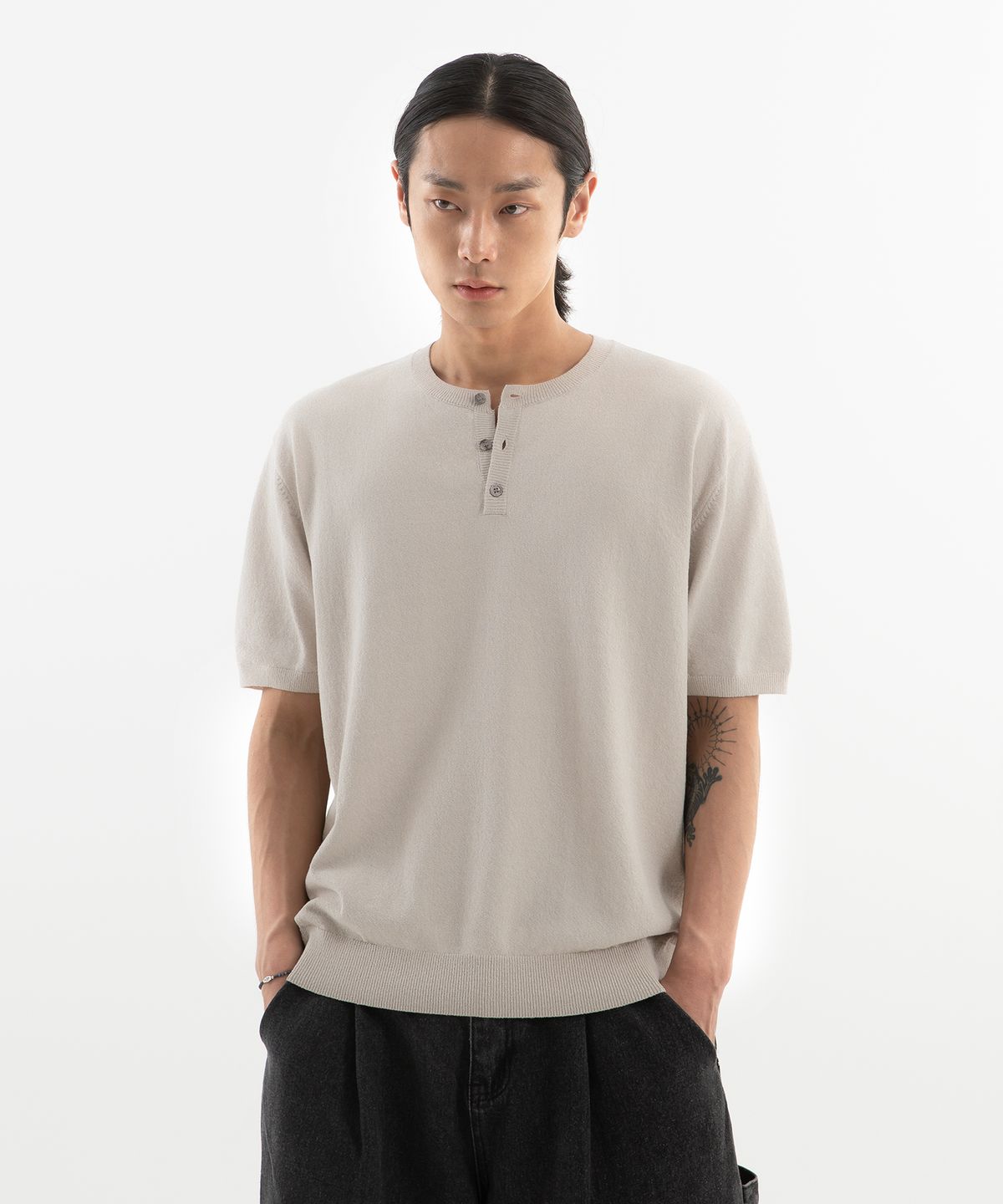 브렌슨(BRENSON) 워셔블 헨리넥 크롭 반팔 쿨 니트 ( 5Color )