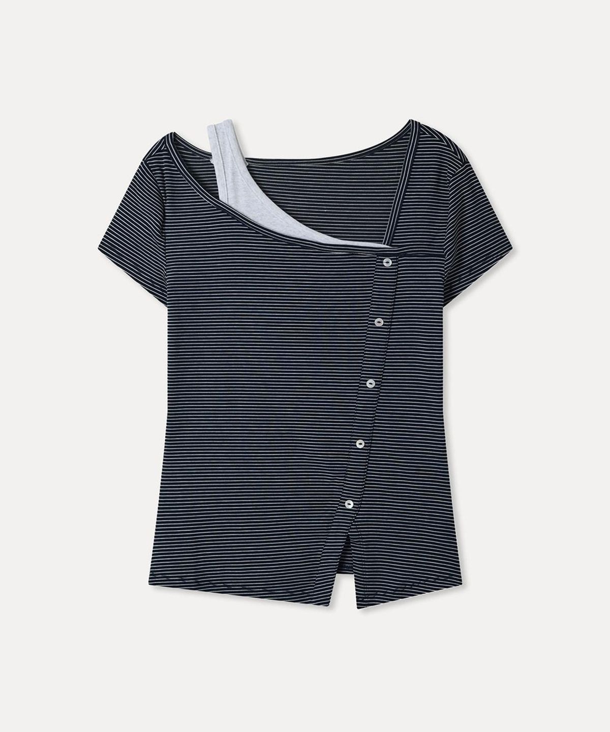 미쏘(MIXXO) 언발 스트라이프 반팔 티셔츠 RE LWG43SS_MIWHWG73RA