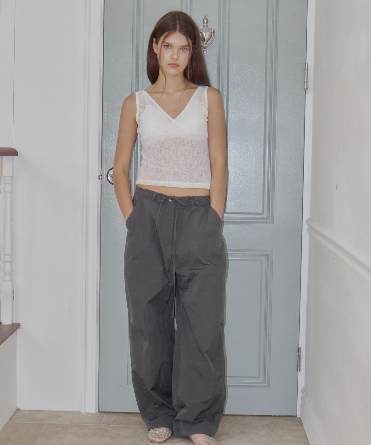 로시로우(LOSSYROW) Grid Nylon Track Pants Charcoal