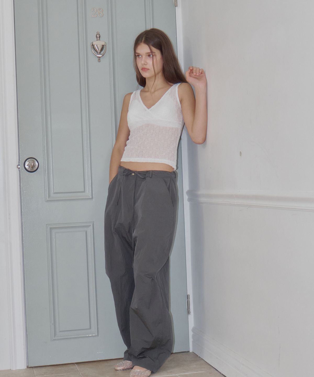 로시로우(LOSSYROW) Grid Nylon Track Pants Charcoal