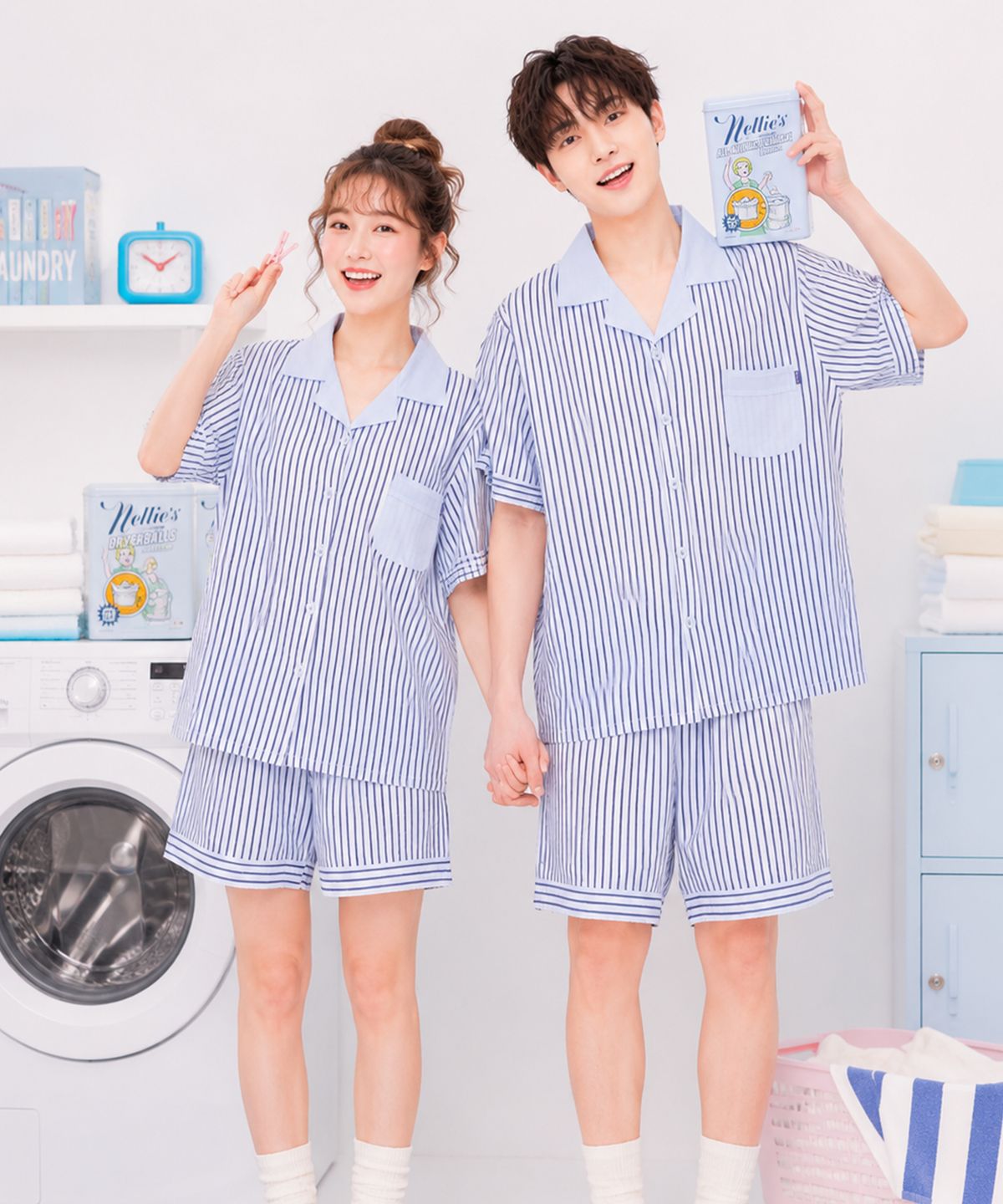 파란(PALAN) 어반 요루면 스트라이프 커플 반팔잠옷 세트 여름 시원한 파자마