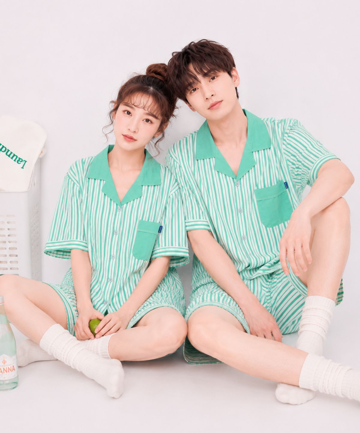 파란(PALAN) 어반 요루면 스트라이프 커플 반팔잠옷 세트 여름 시원한 파자마