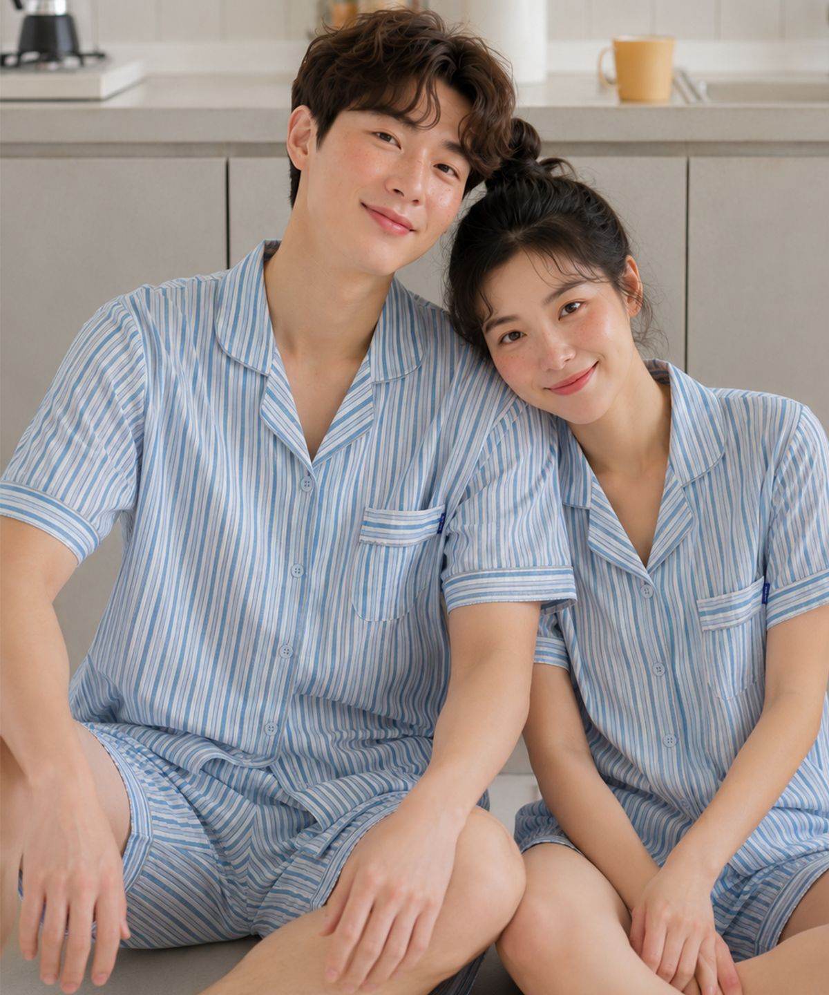 파란(PALAN) 마일드 요루면 스트라이프 커플 반팔잠옷 세트 여름 시원한 파자마