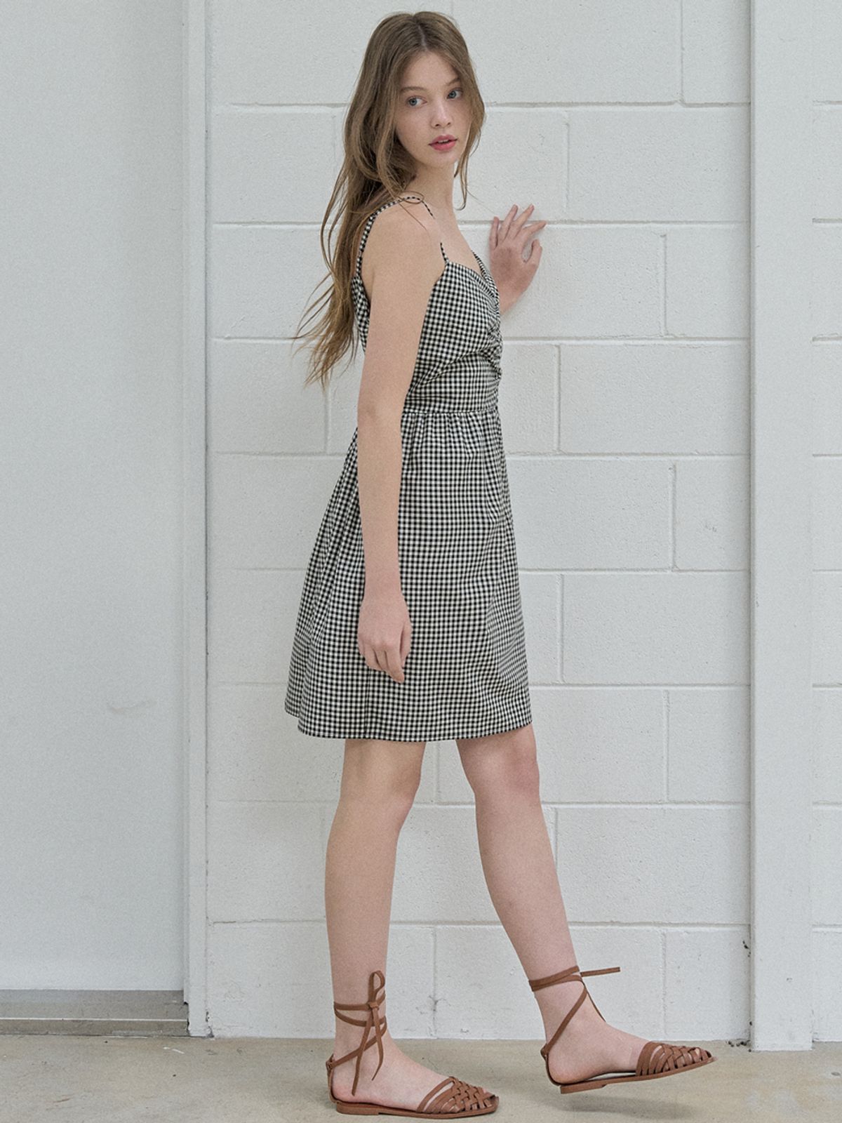 아방(AVANT-G) Check Shirring Balloon Mini Dress - BLACK