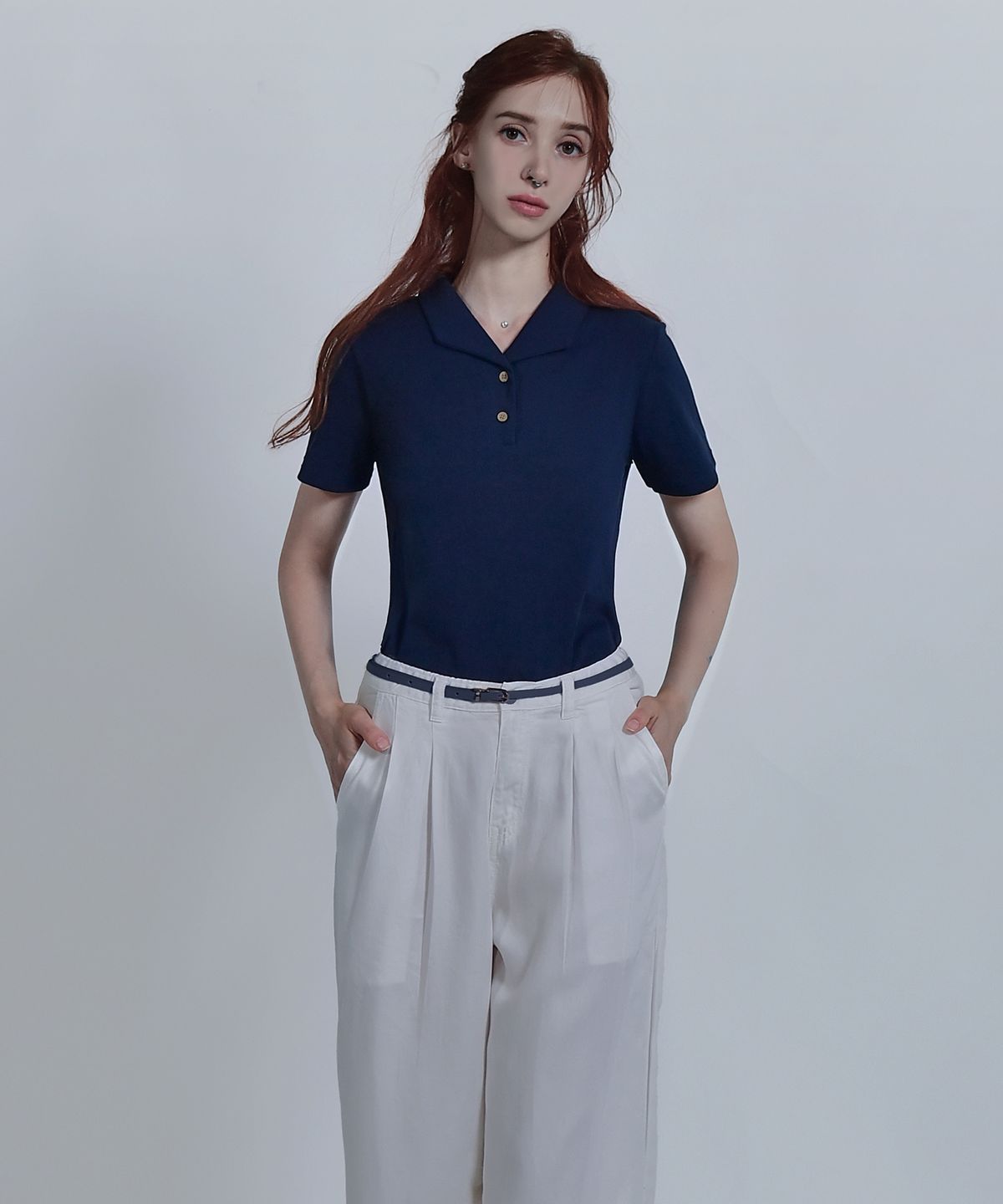 클레이스(CLACE) 데일리 투버튼 카라 반팔 티셔츠_스카이