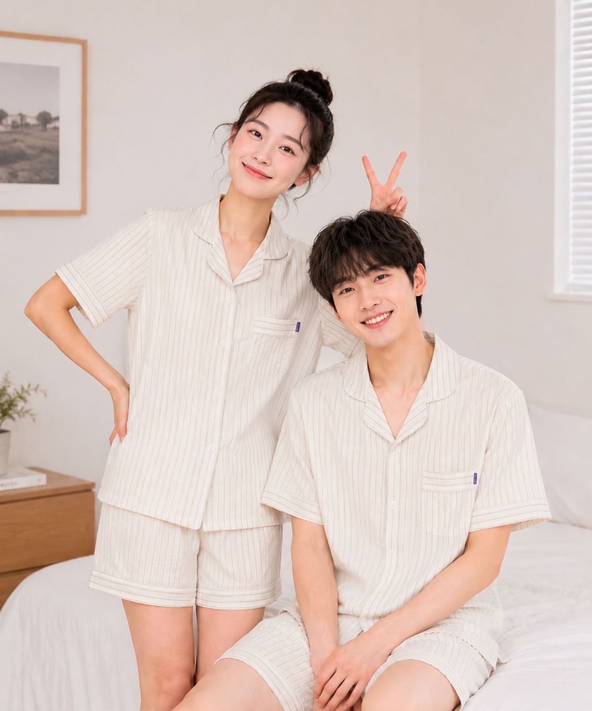 파란(PALAN) 뮤트 요루면 스트라이프 커플 반팔잠옷 세트 여름 시원한 파자마
