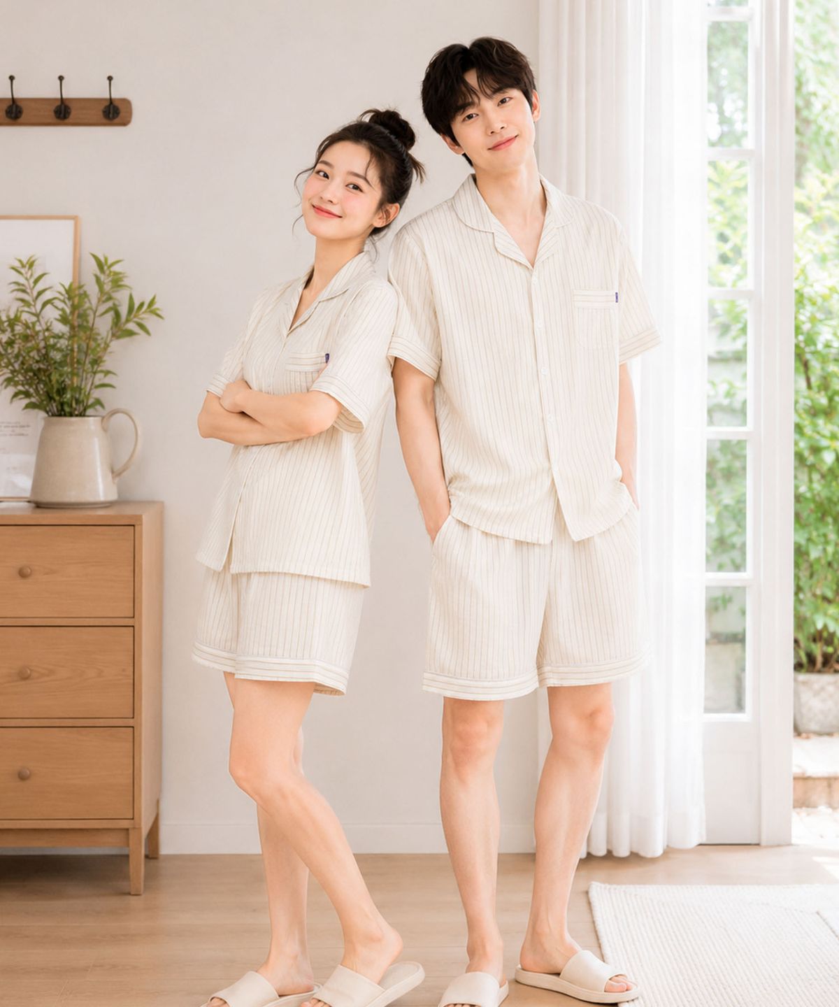 파란(PALAN) 뮤트 요루면 스트라이프 커플 반팔잠옷 세트 여름 시원한 파자마