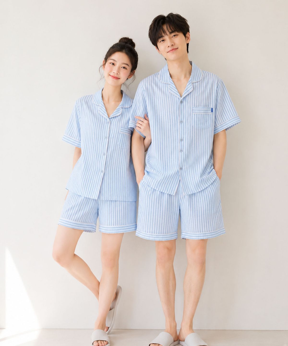 파란(PALAN) 뮤트 요루면 스트라이프 커플 반팔잠옷 세트 여름 시원한 파자마