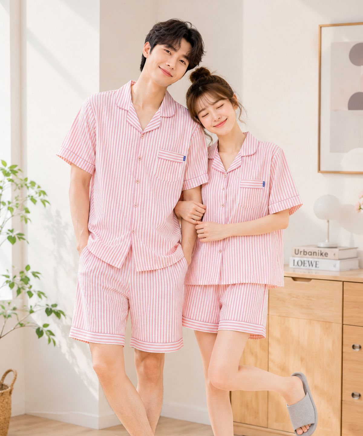 파란(PALAN) 오디너리 요루면 스트라이프 커플 반팔잠옷 세트 여름 시원한 파자마