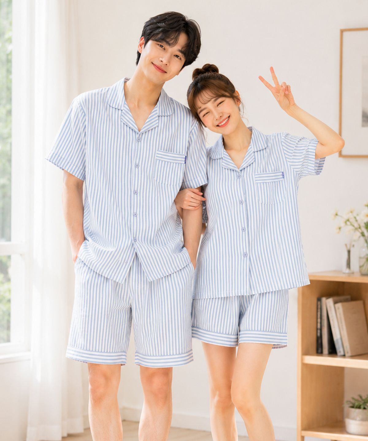 파란(PALAN) 오디너리 요루면 스트라이프 커플 반팔잠옷 세트 여름 시원한 파자마