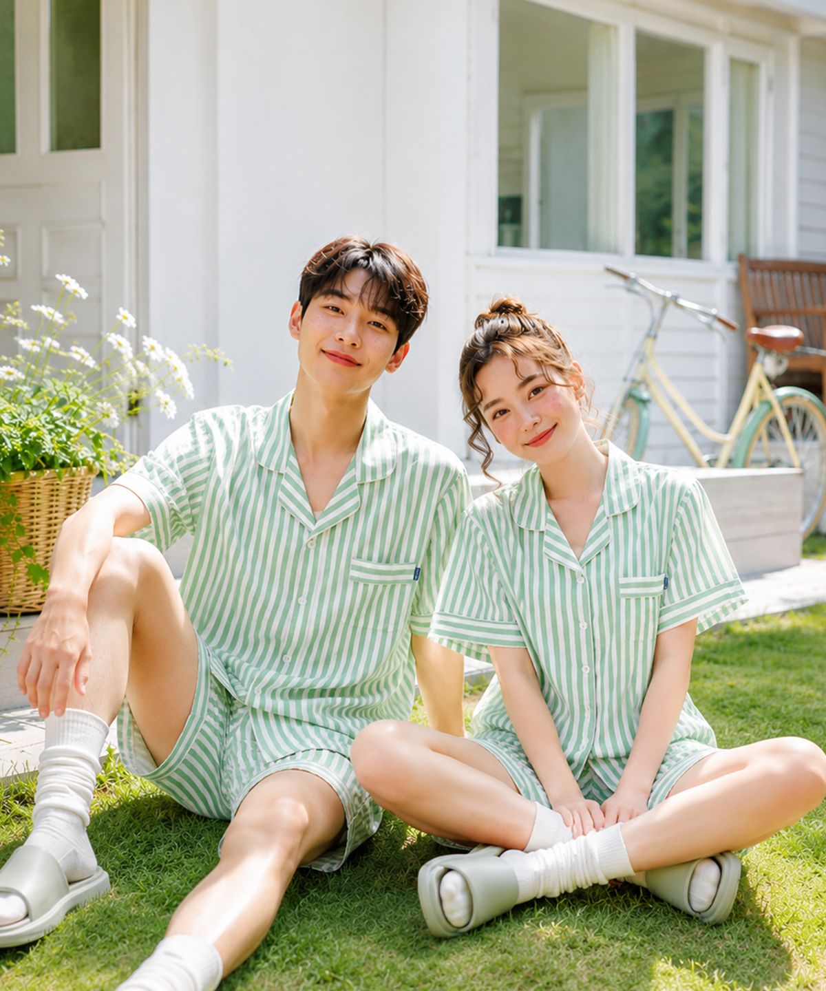 파란(PALAN) 시오 요루면 스트라이프 커플 반팔잠옷 세트 여름 시원한 파자마