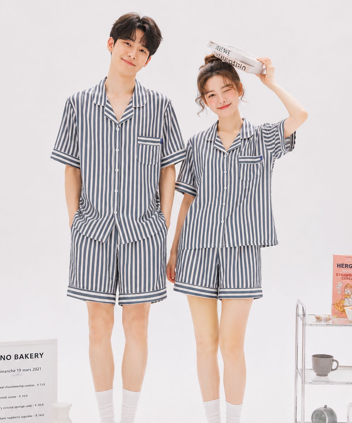 파란(PALAN) 시오 요루면 스트라이프 커플 반팔잠옷 세트 여름 시원한 파자마