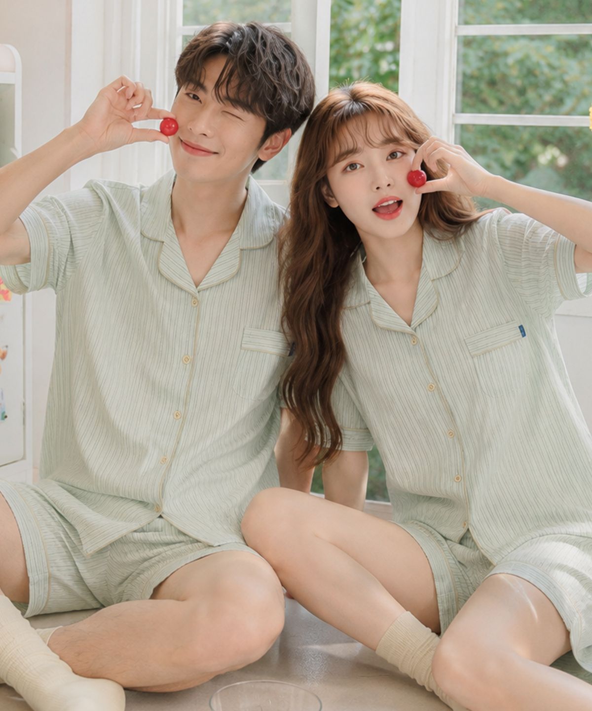 파란(PALAN) 모먼트 요루면 스트라이프 커플 반팔잠옷 세트 여름 시원한 파자마