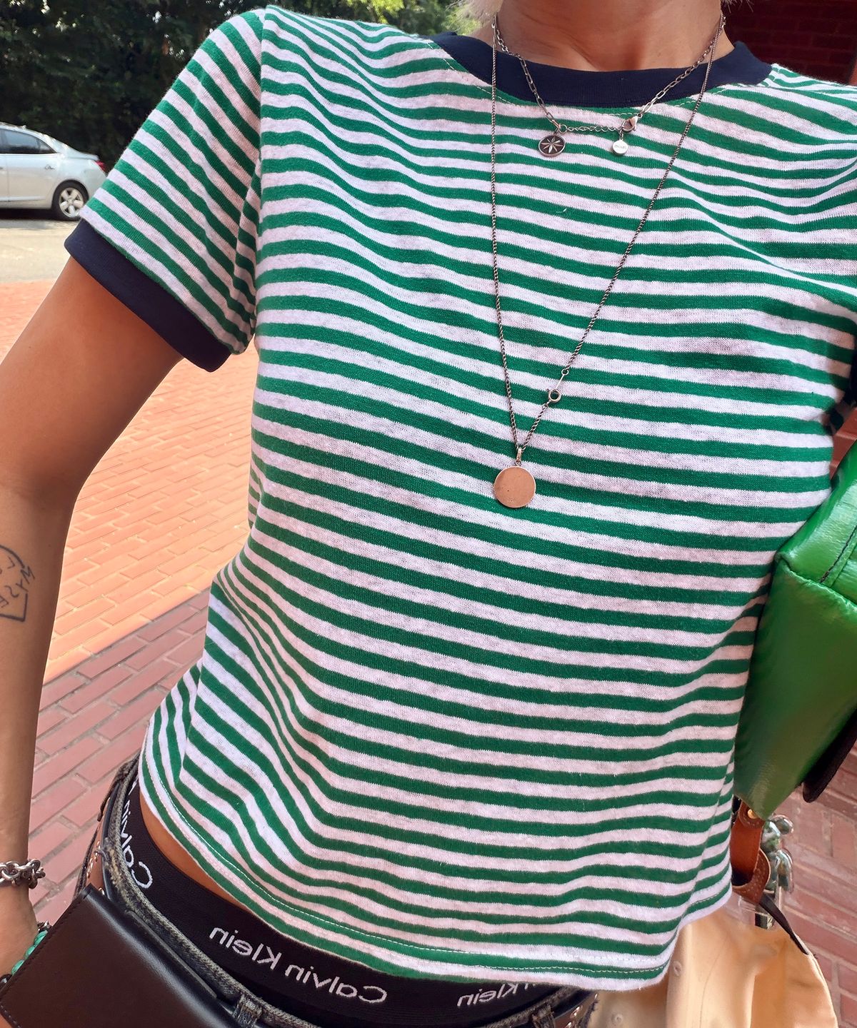 에이던엠(ADERNM) SLUB STRIPE RINGER CROP T GREEN